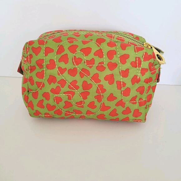 Marc Jacobs Work Supply Cosmetic Pouch Bag Medium Green Red Hearts Zip Nylon - Picture 2 of 10